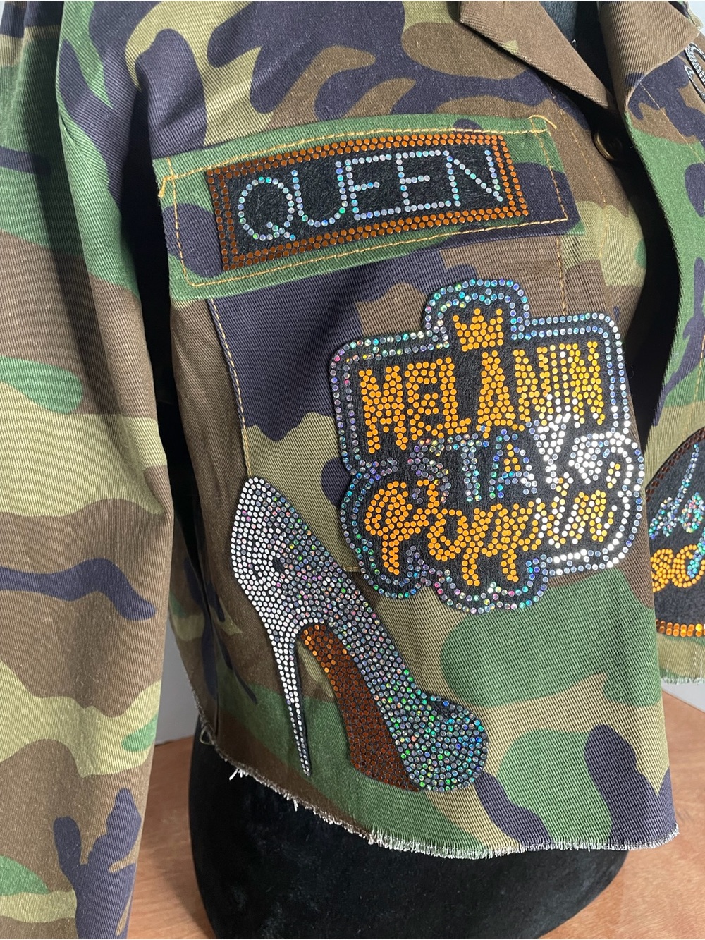 Custom Camo Embellished Patch Cropped Jacket - Green Camo - Picture 4 of 6